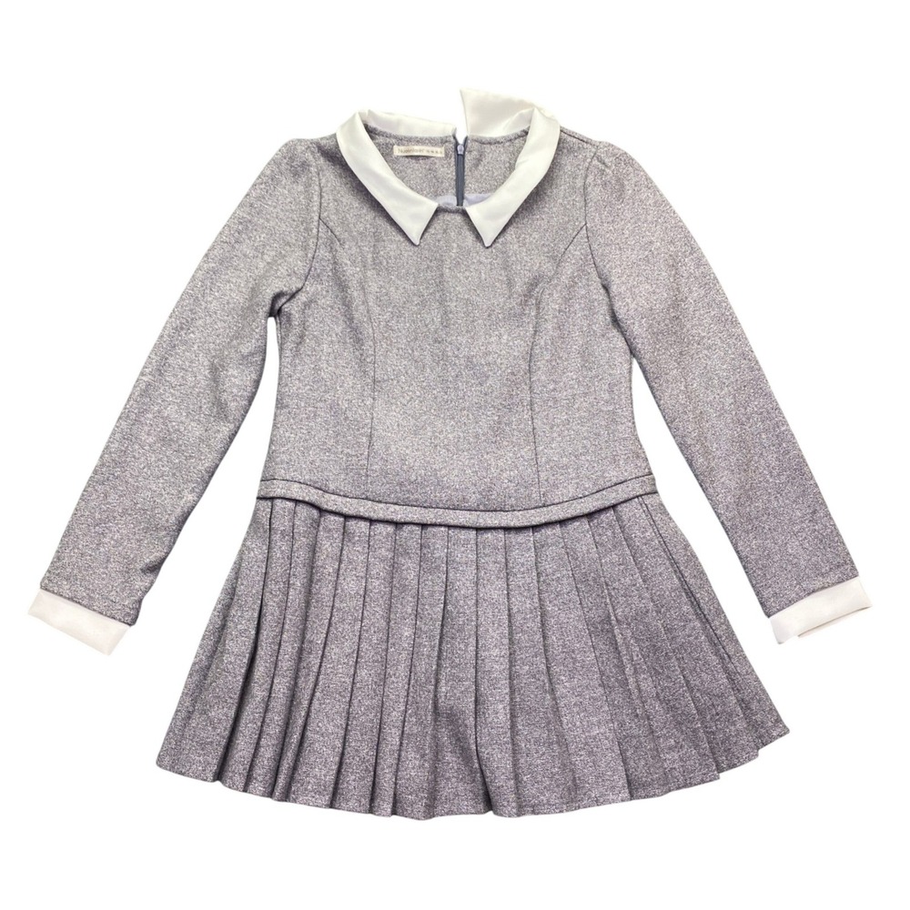 Nuolinlaier Grey Marl Long Sleeve Pleated A-Line Dress White Peter Pan Collar
